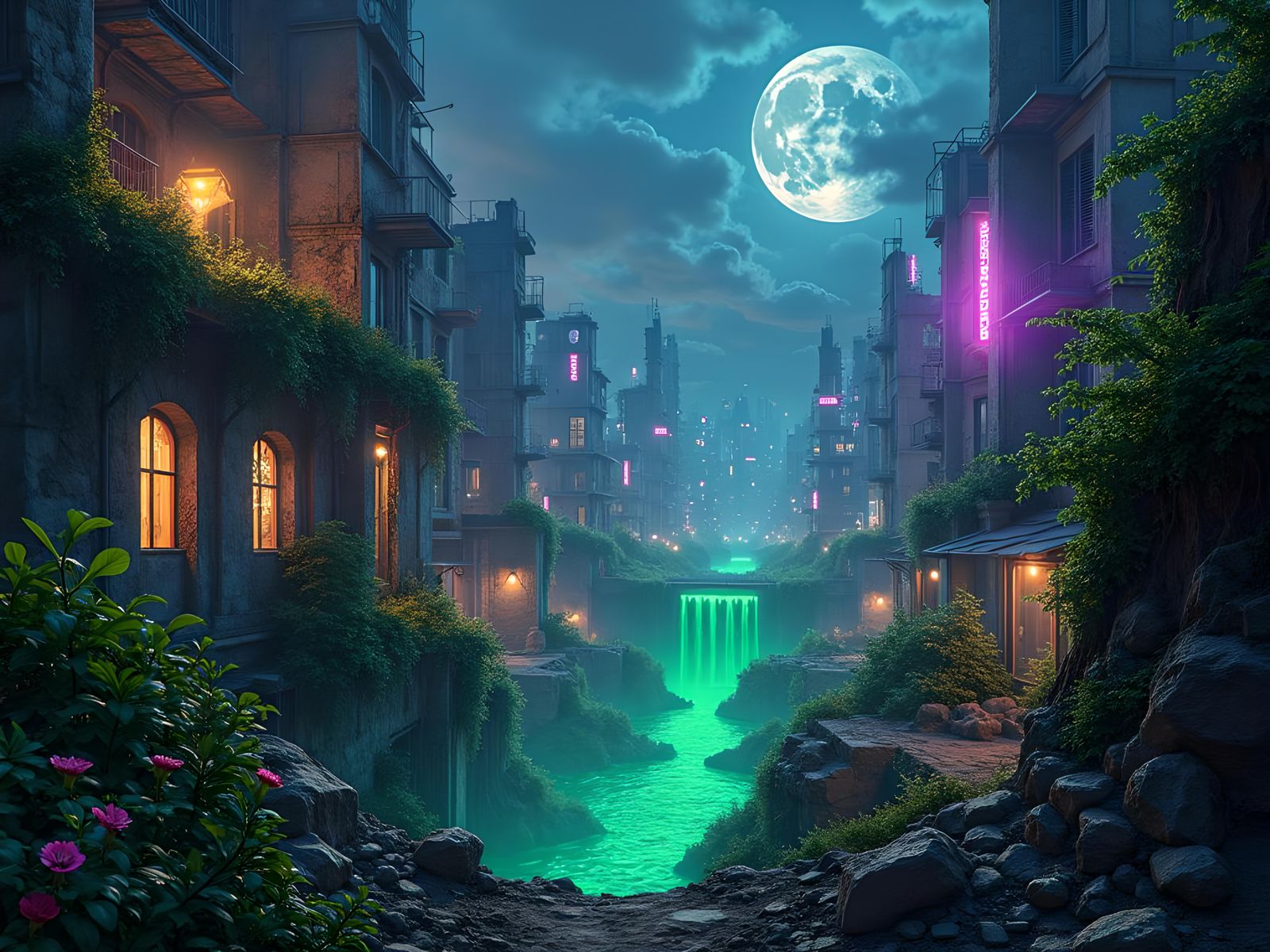 Post-Apocalyptic City Reclaimed: Neon Astral Illustration