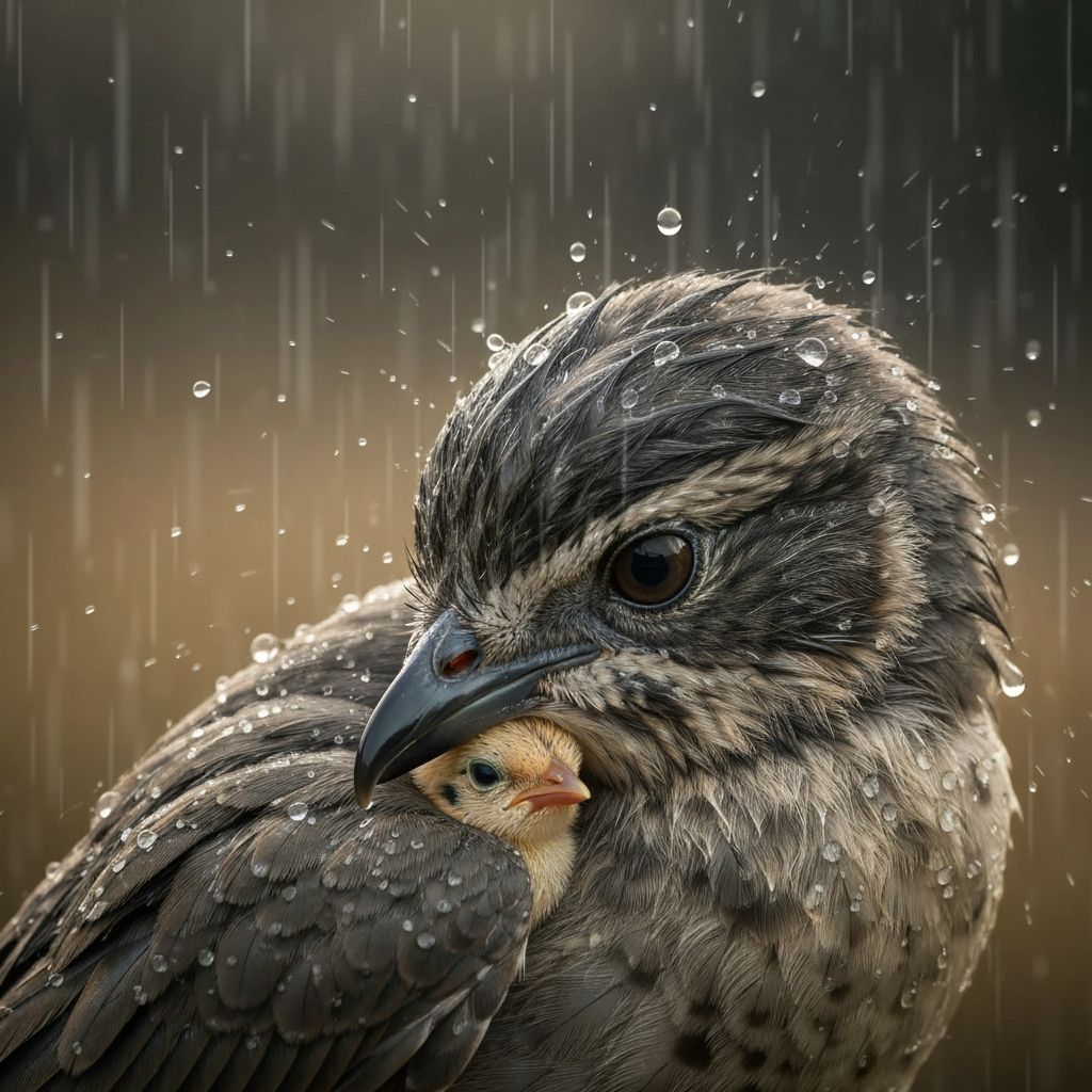 hyper-realistic, close-up scene of a mother bird shielding her tiny chick from heavy rain beneath her soft, outstretched...