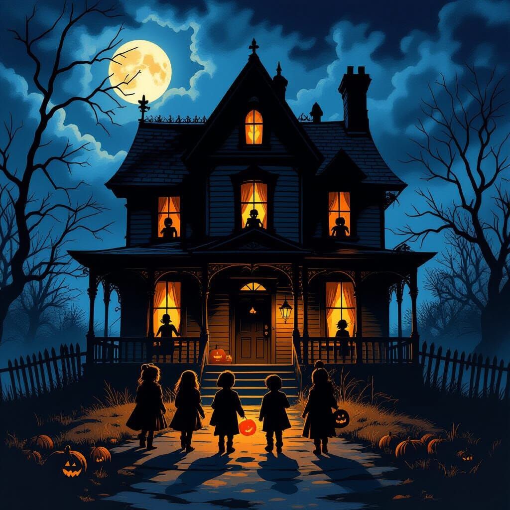 Children Trick-or-Treat at Spooky Haunted House