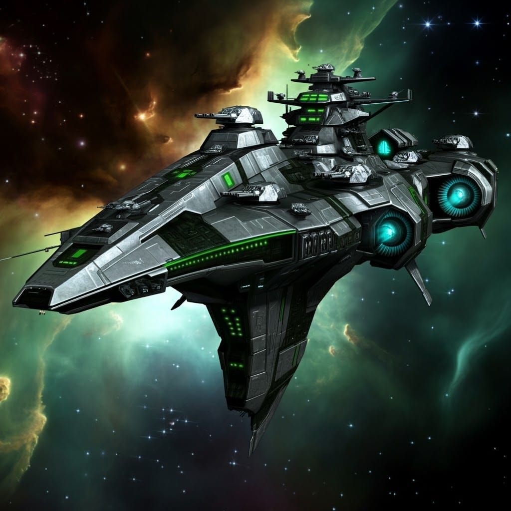 Majestic Space Warship in Retrofuturistic Nebula