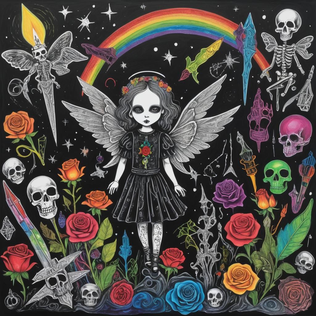 Surreal Crayon Drawing of Goth Woman with Skulls