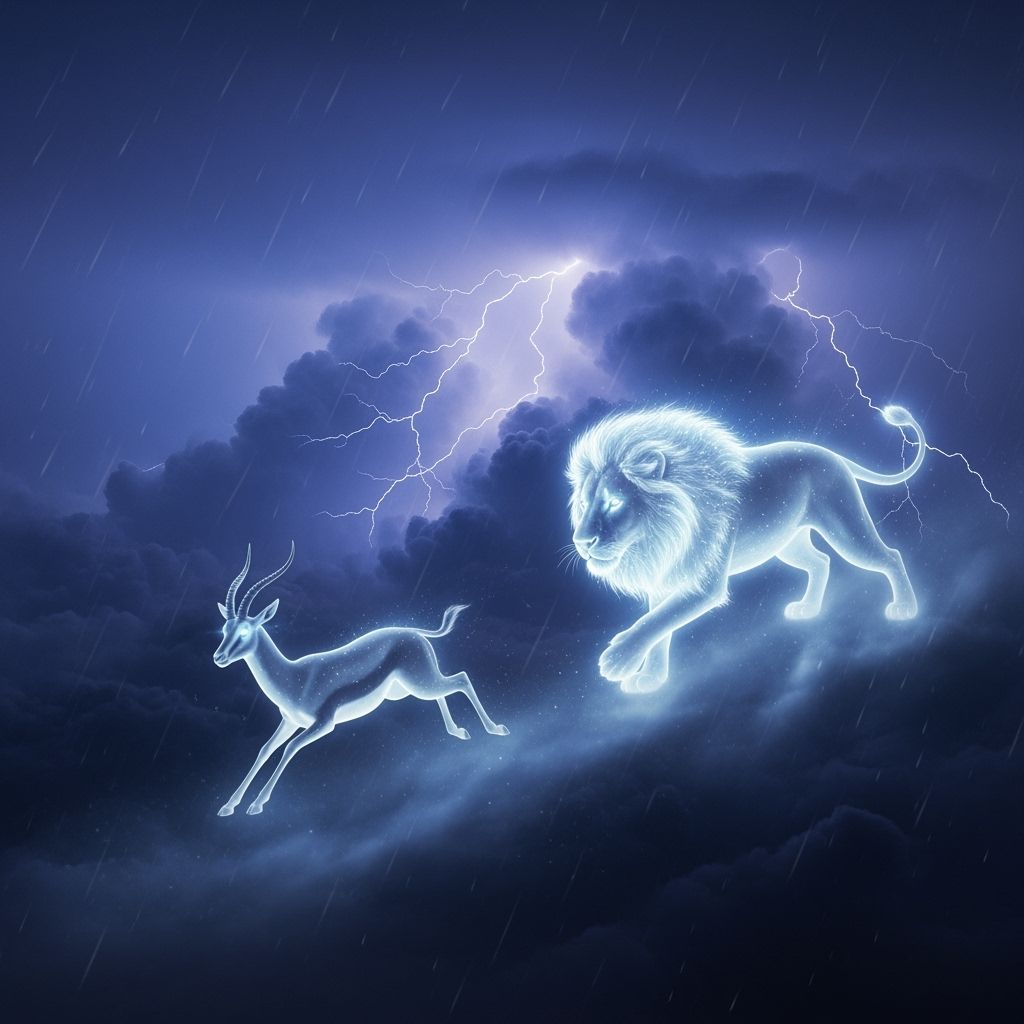 Ethereal Lion Stalks Gazelle in Thunderclouds