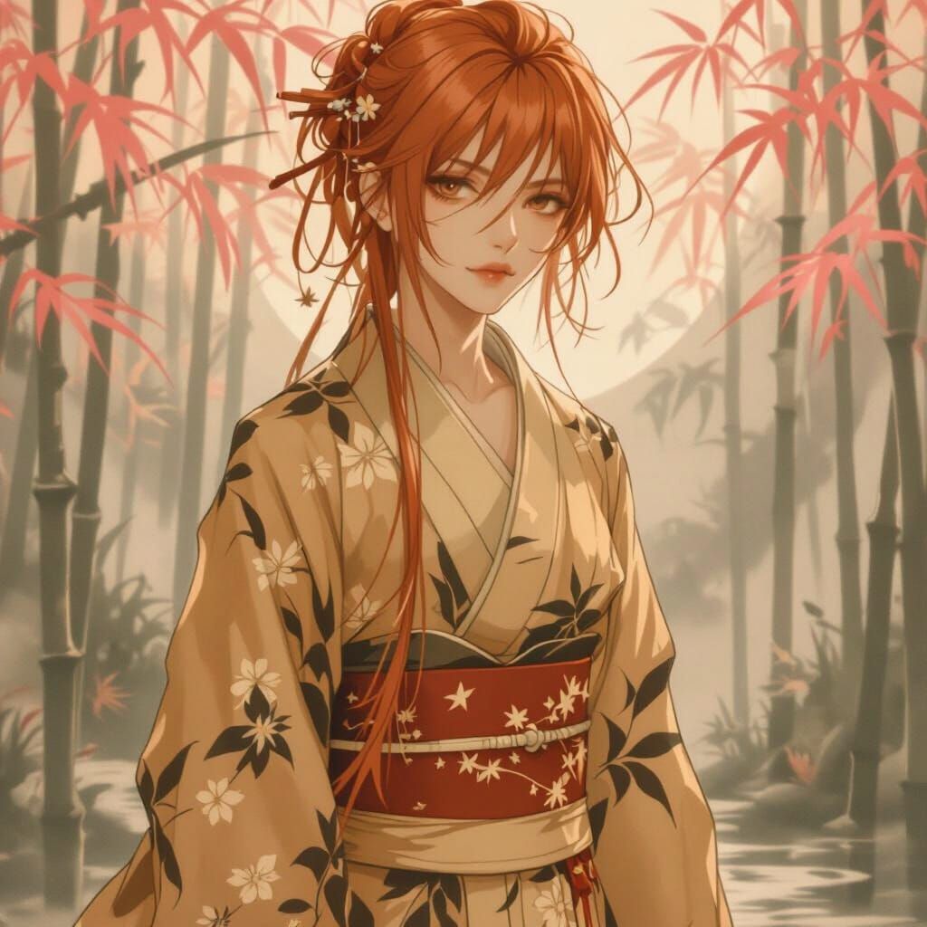 Mystical Figure in Misty Bamboo Forest