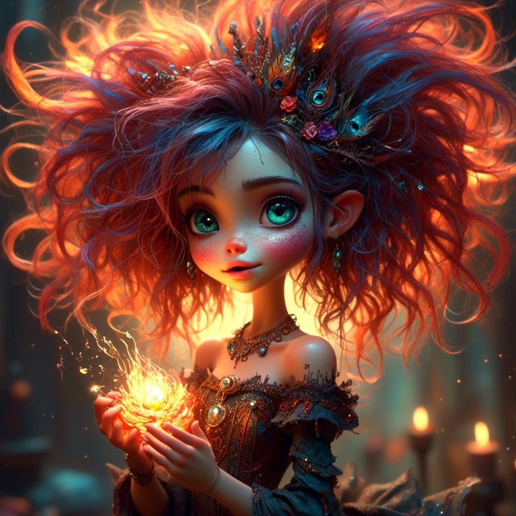 Whimsical Fire Sprite Dancing Digital Painting