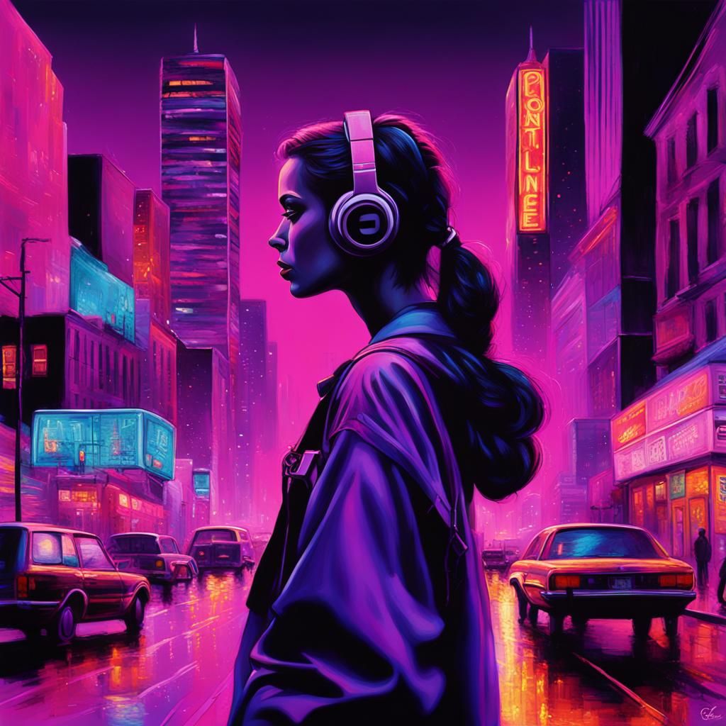 1980s Neon Portrait with Walkman, Digital Art