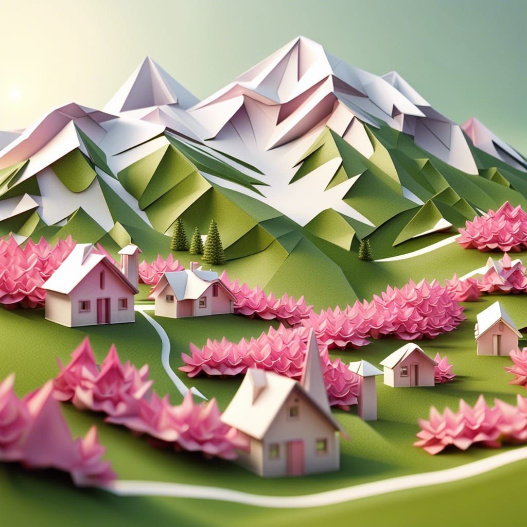 Origami Swiss Mountain Landscape in Photorealistic Style