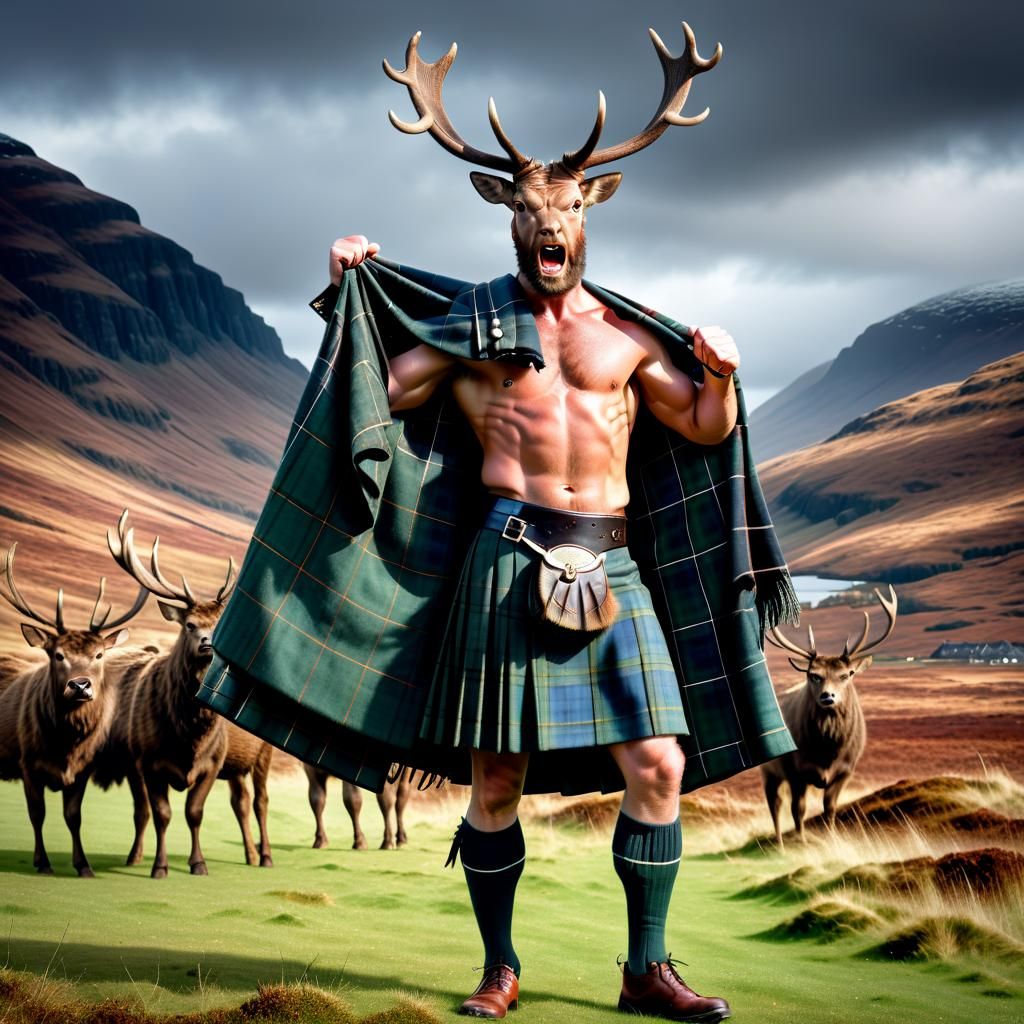 Scottish Man and Startled Stag in the Highlands