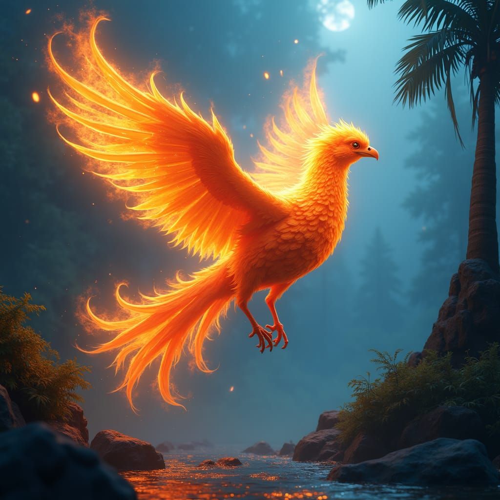 Fiery Bird Soaring in Mythical Landscape