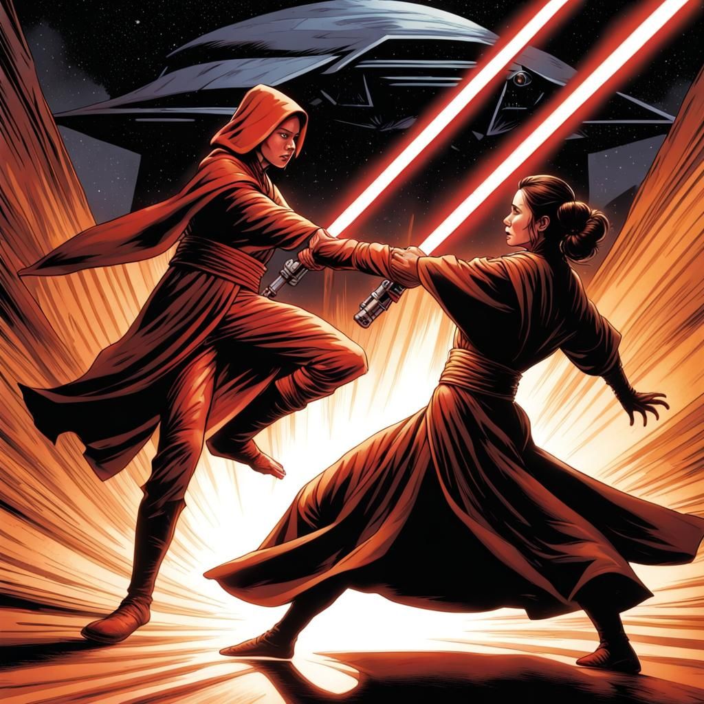 Female Sith Lightsaber Fight in Sci-Fi Comic Art
