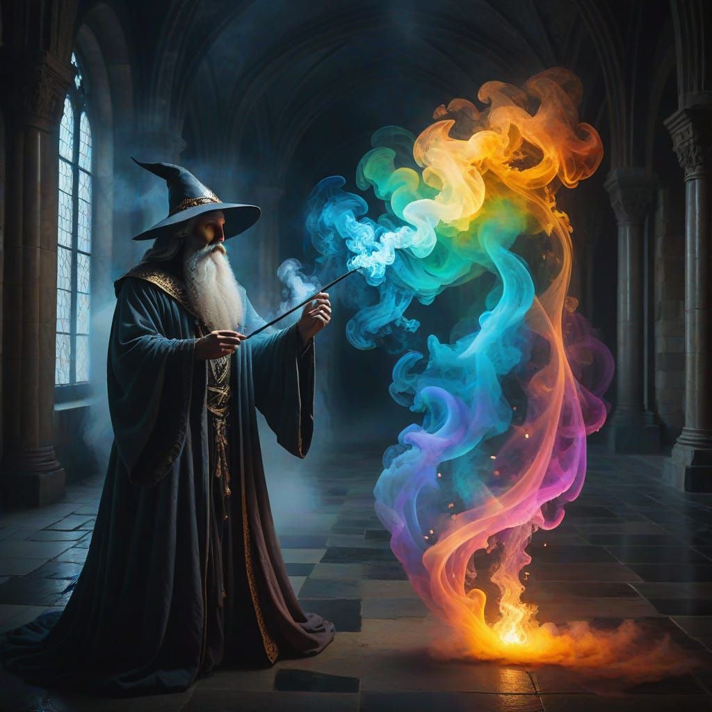 Wizard Conjures Sensual Woman in Ethereal Scene