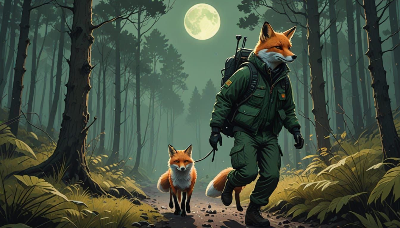Rugged Outdoorsman Chases Fox Through Misty Moonlit Forest