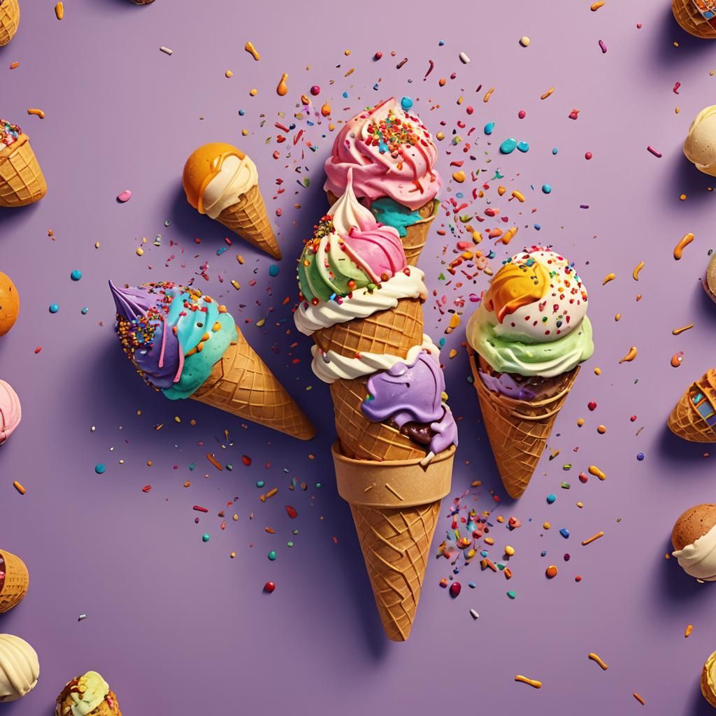 A cute sticker design of a colorful ice cream cone with three scoops, each with a different expression, and sprinkles fa...