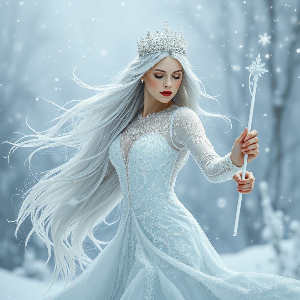 Snow Queen Dancing in Winter Landscape, Photorealistic Style