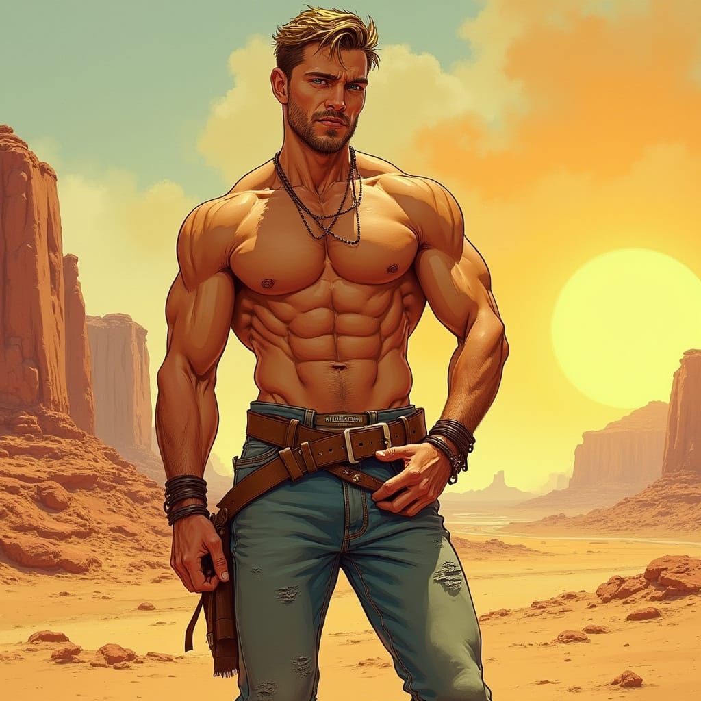 Desert Wanderer: A Muscular Man in Artistic Styles