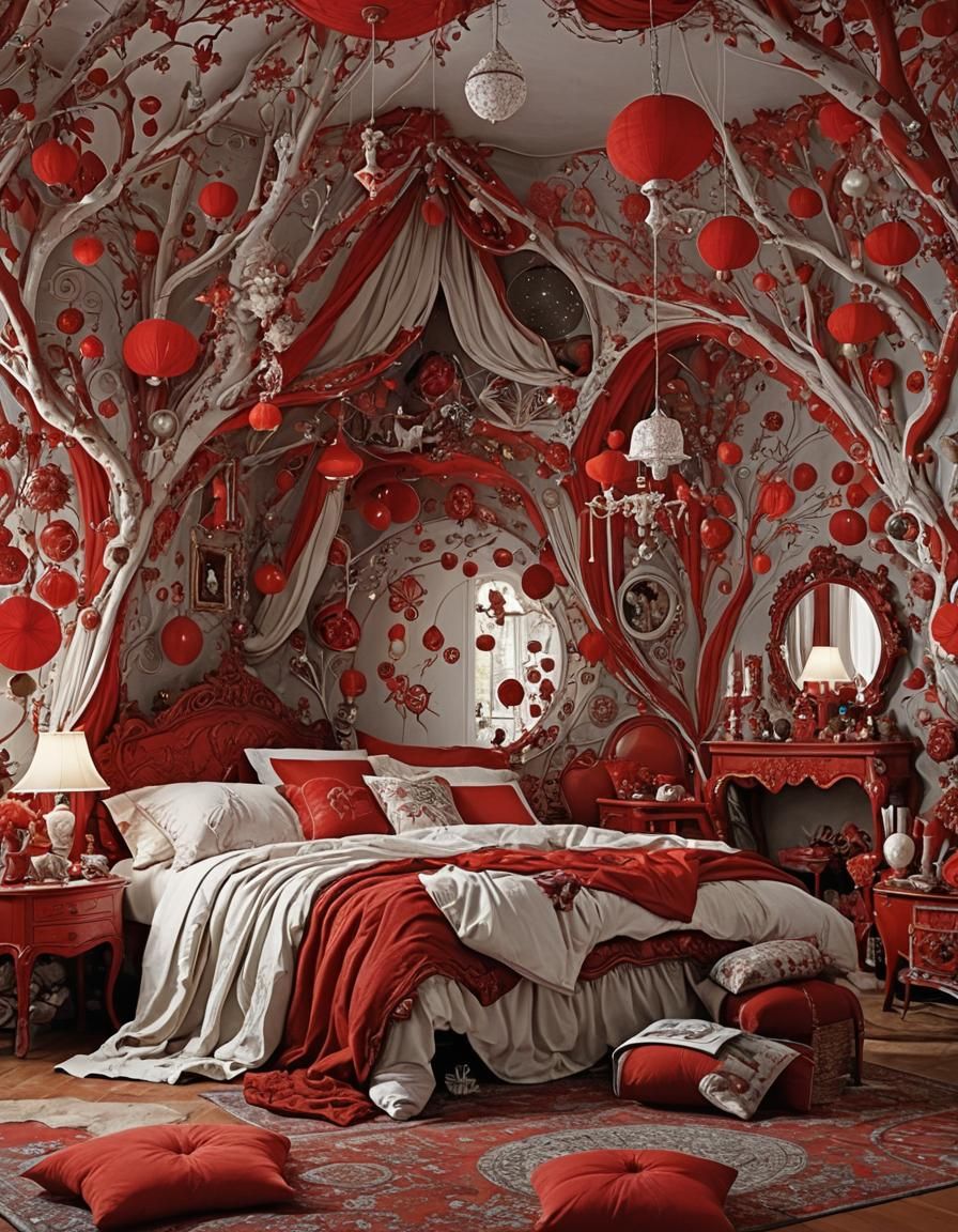 Magical Red Bedroom in a Fantasy Style
