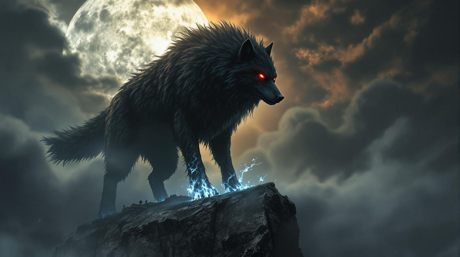 A colossal black-furred wolf with eyes glowing an eerie blood-red emerges from swirling midnight mist, standing on the j...