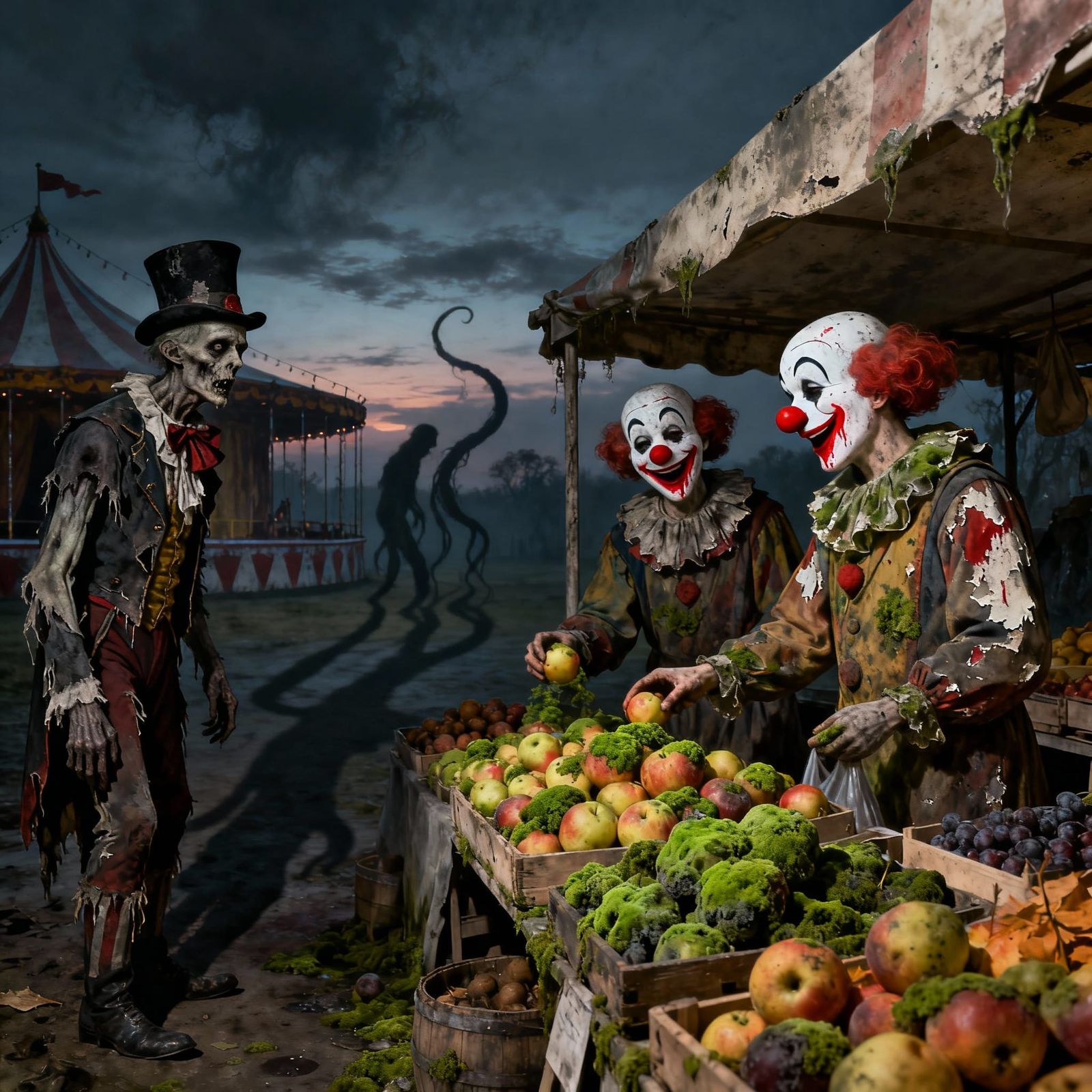 Spooky Clowns and Zombie Ringmaster at Moldy Farmer's Market