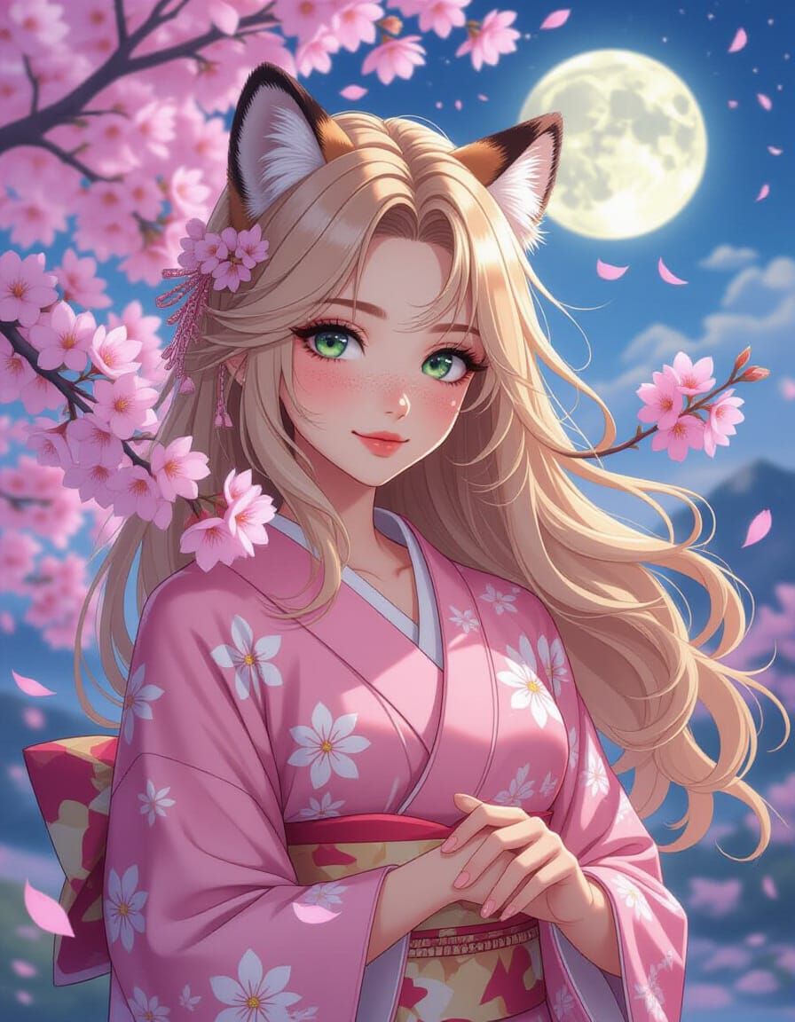 Tiger-Eared Woman Under Cherry Blossoms in Anime Style