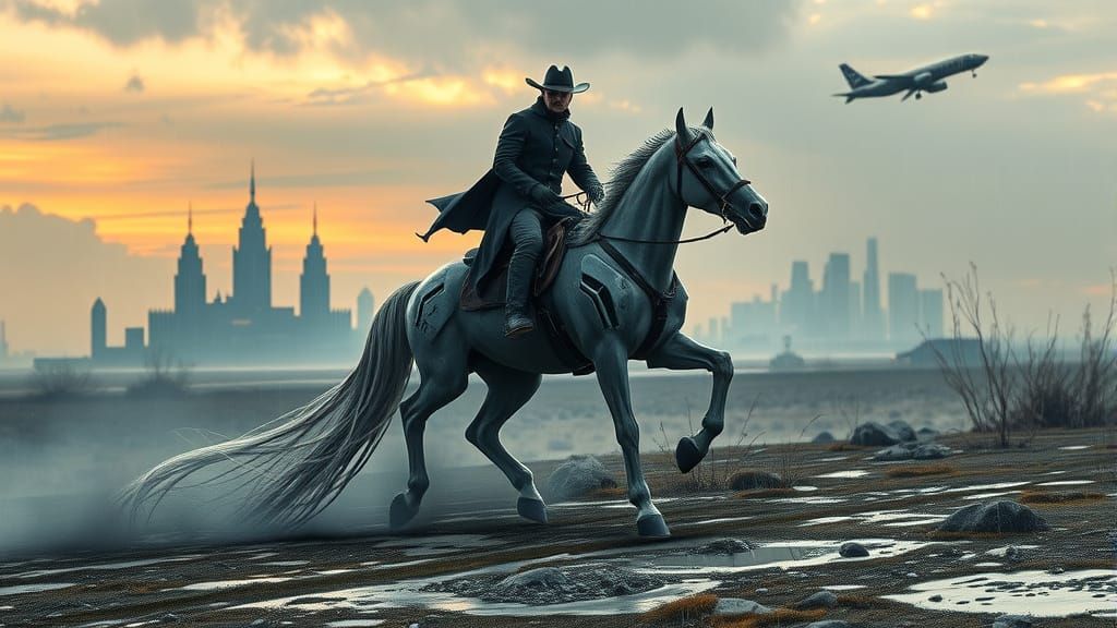 Futuristic Cowboy Rides Robotic Horse Across Stormy Landscap...