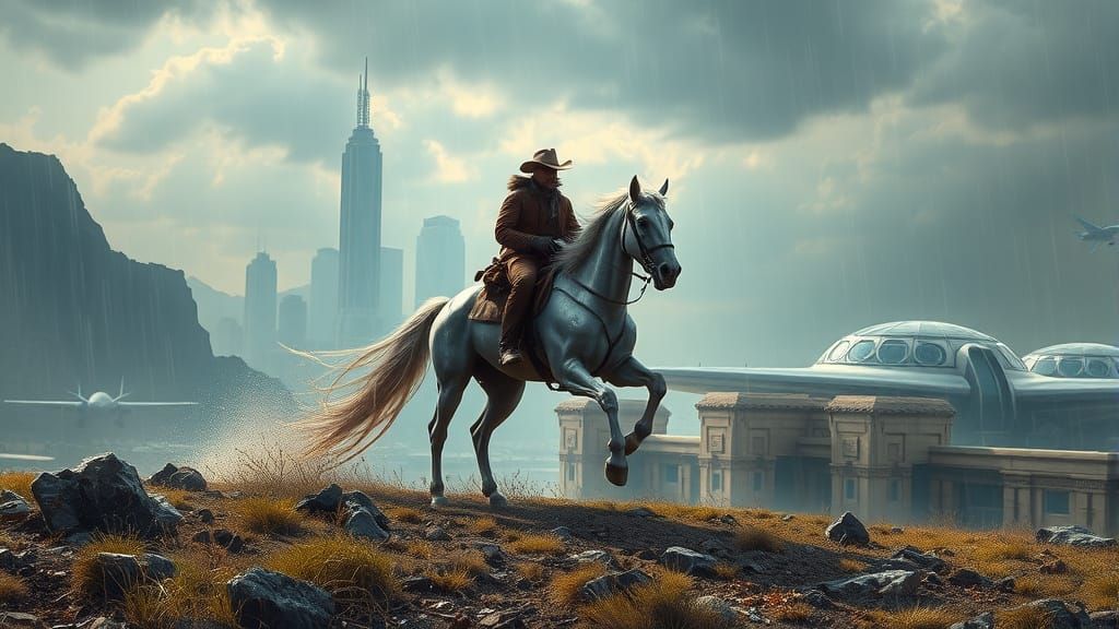 Futuristic Cowboy Rides Robotic Horse Across Stormy Landscap...