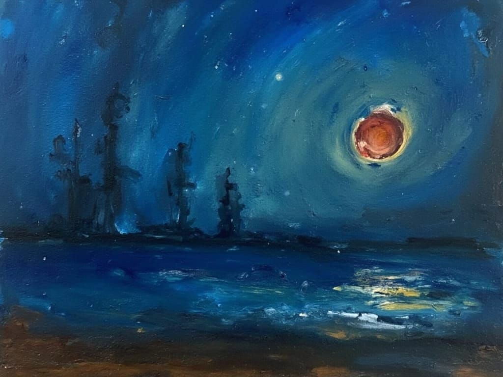Ships Sail Under a Blood Moon Landscape