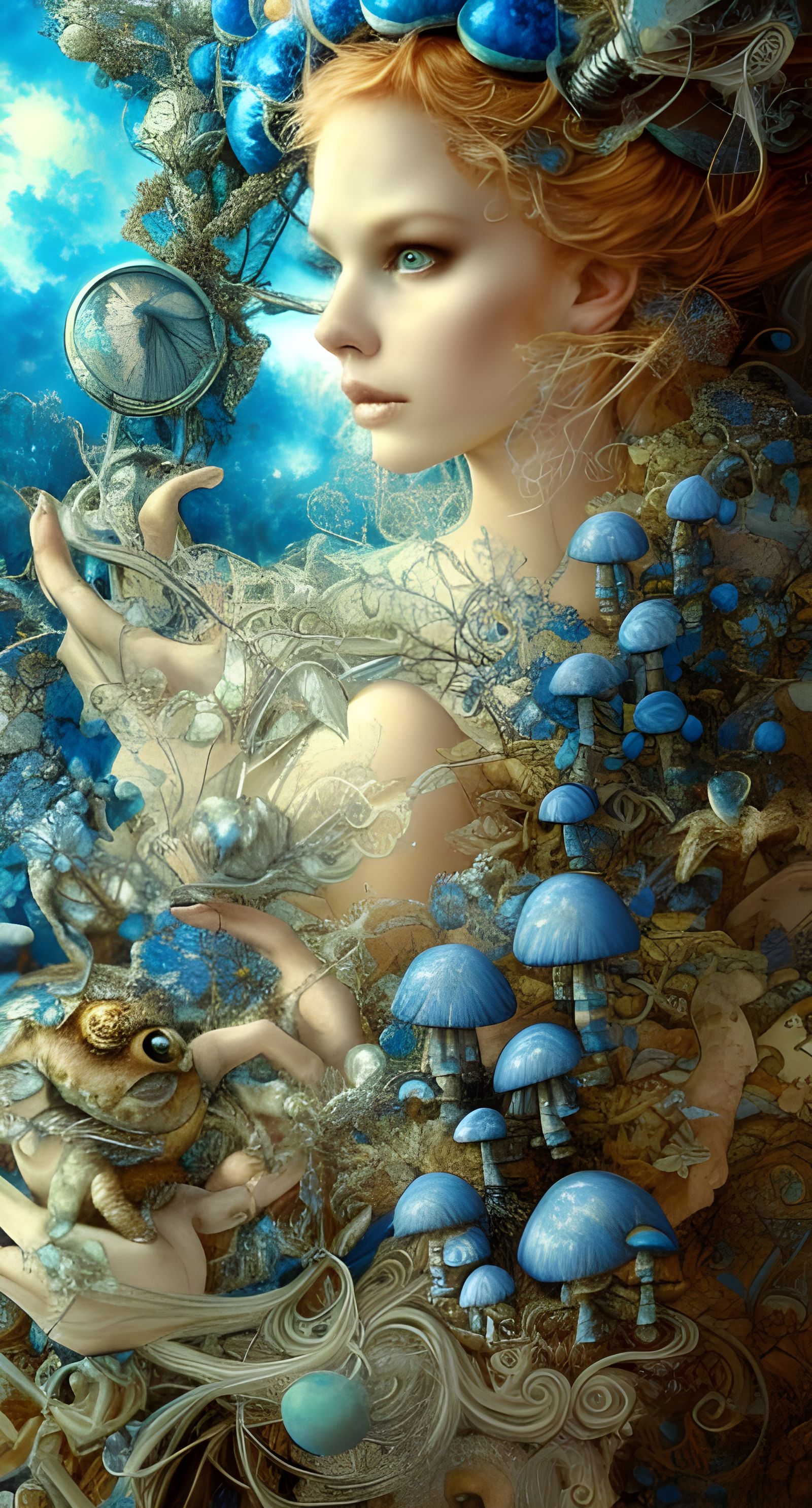 Blue Toadstool Pixie in Dark Fantasy Style