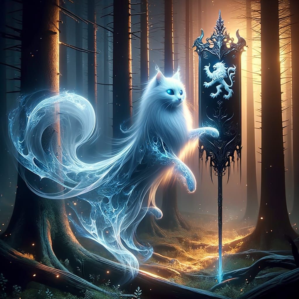 Ethereal Ghost Cat in Enchanted Forest at Twilight