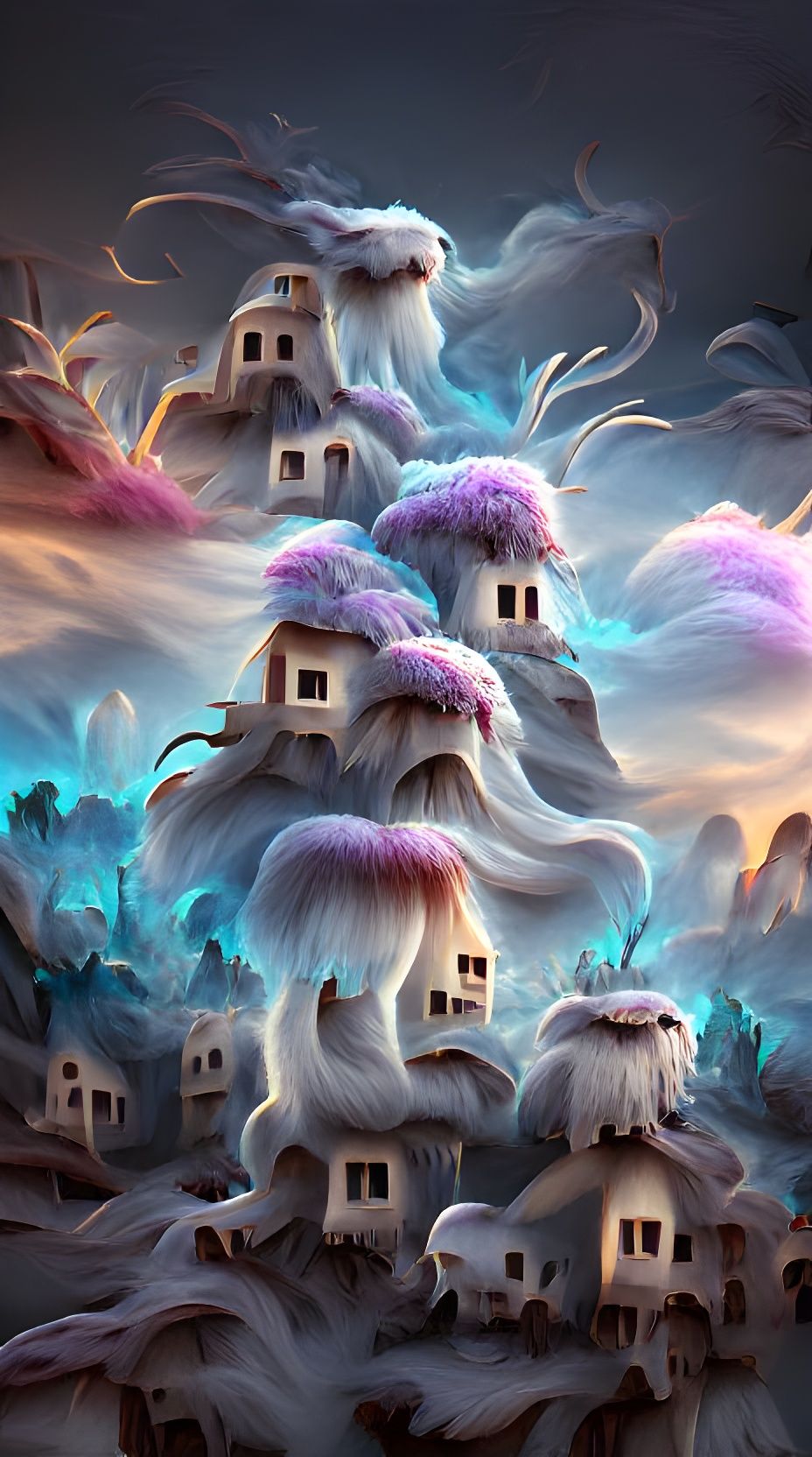 Fluffy Mycelium Monsters in Kinkade-esque Village