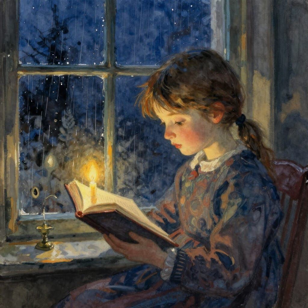 Child Reading by Candlelight in Cozy Room