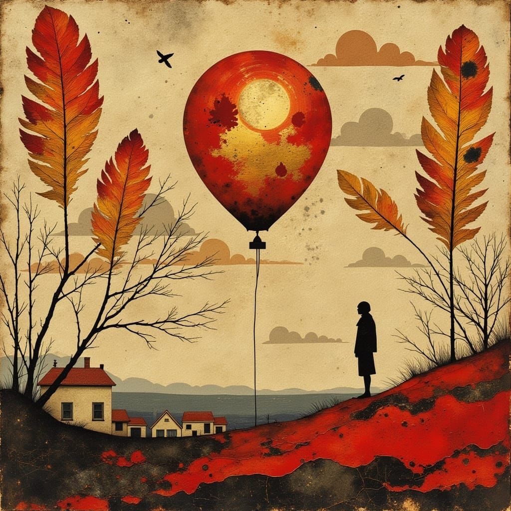 Autumn Sky with Floating Feathers and Red Balloon
