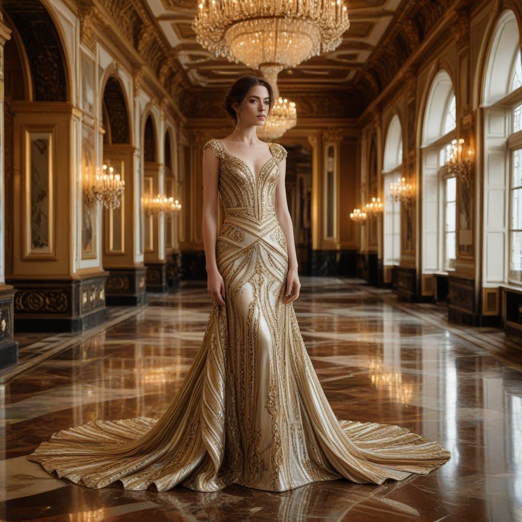 Elegant Woman in Striped Gown, Grand Ballroom Setting, in a ...