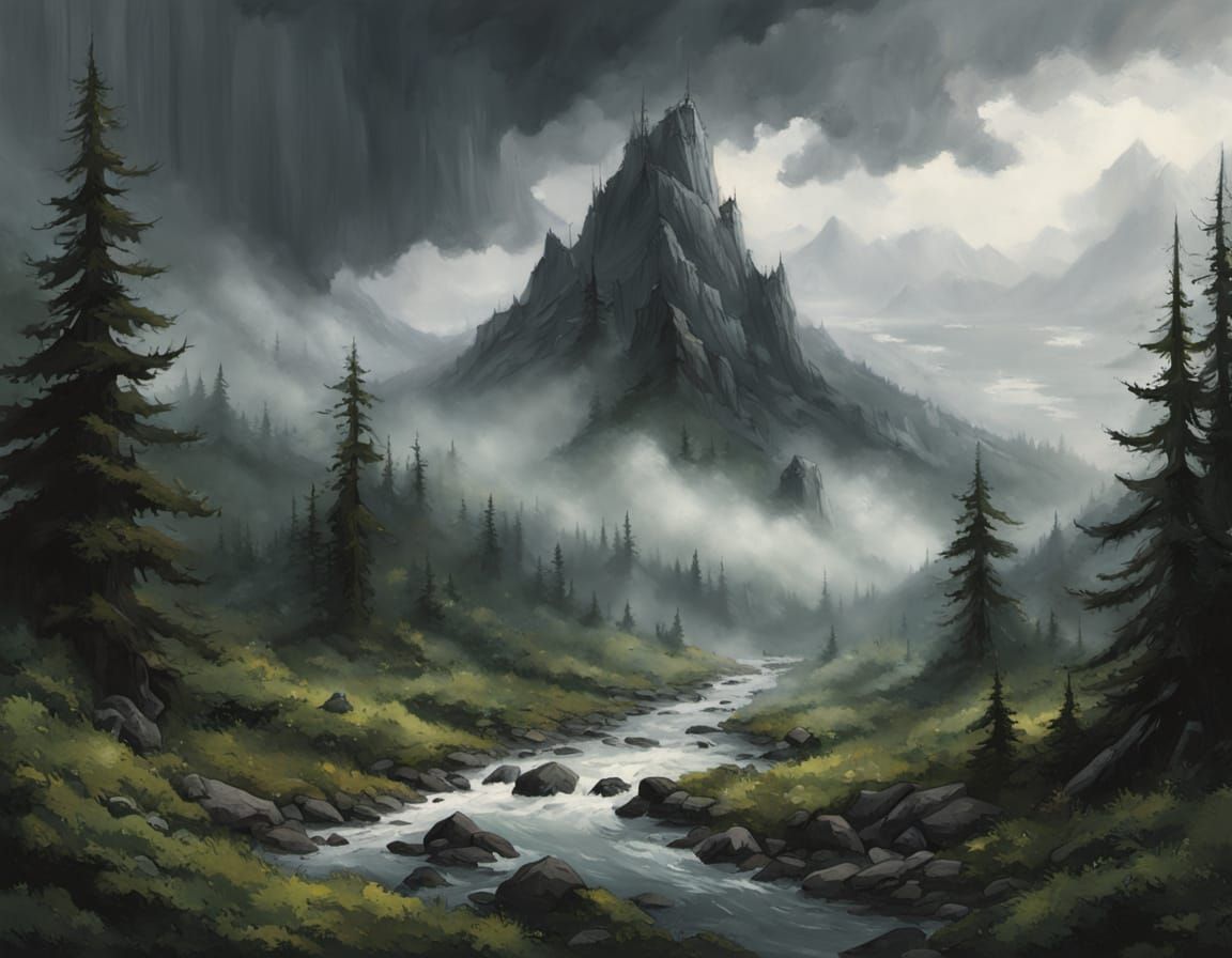 Snowy Mountains in a Foreboding Atmosphere, as Dark Impressi...