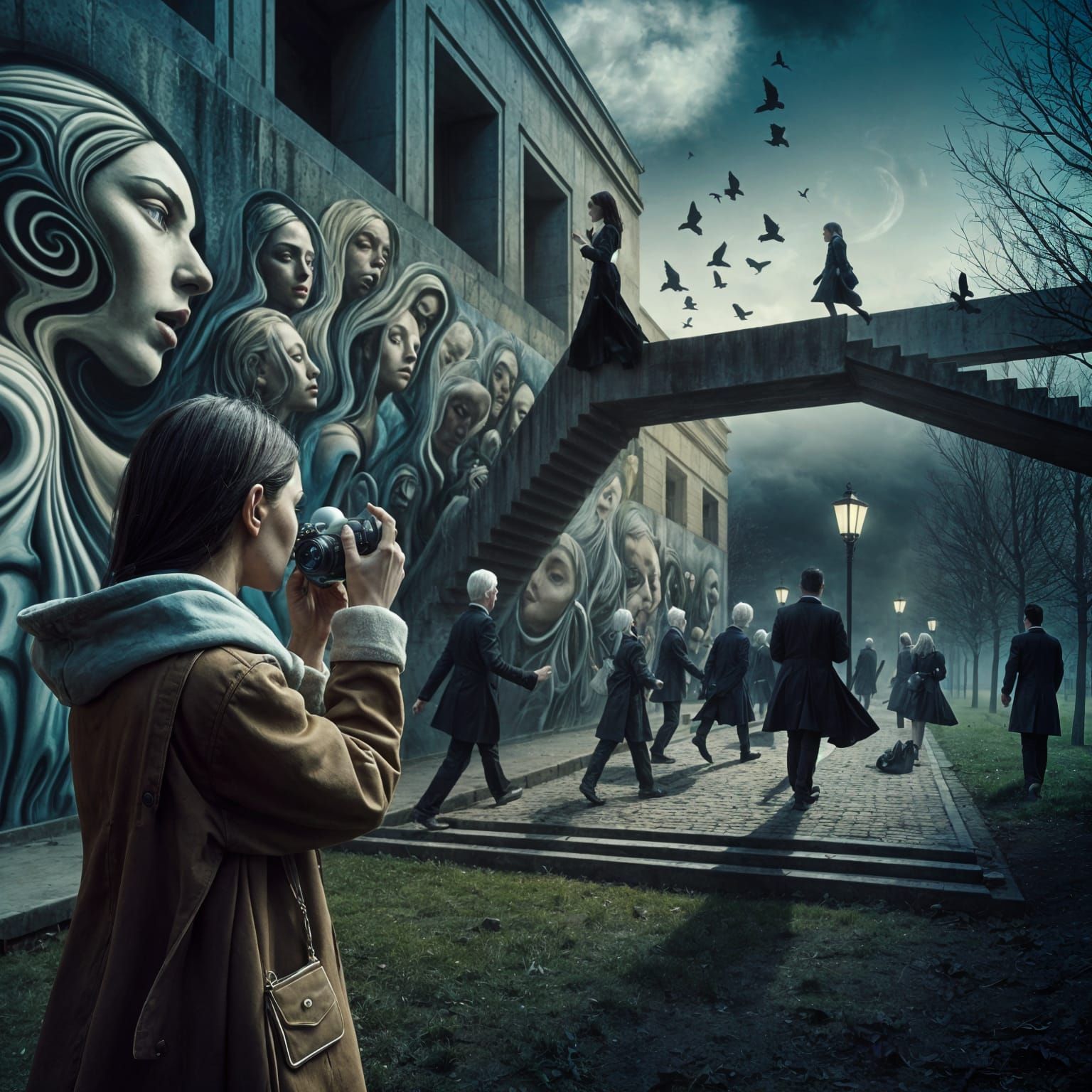 Surreal Crime Scene in Park with Distorted Reality