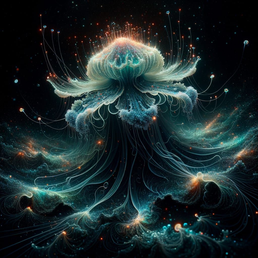 Bioluminescent Jellyfish Shimmers in Dark Ocean Abyss