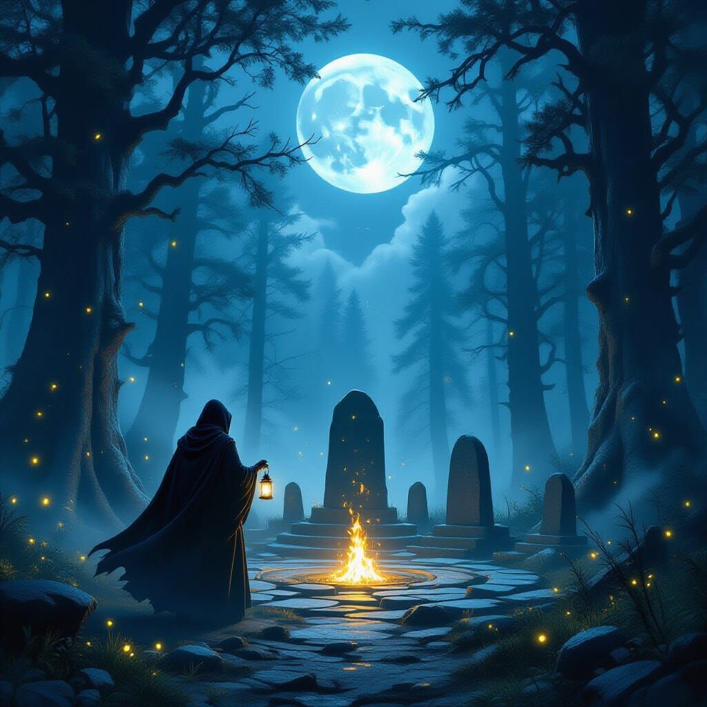 Mystical Hooded Figure in Enchanted Forest Under Moon