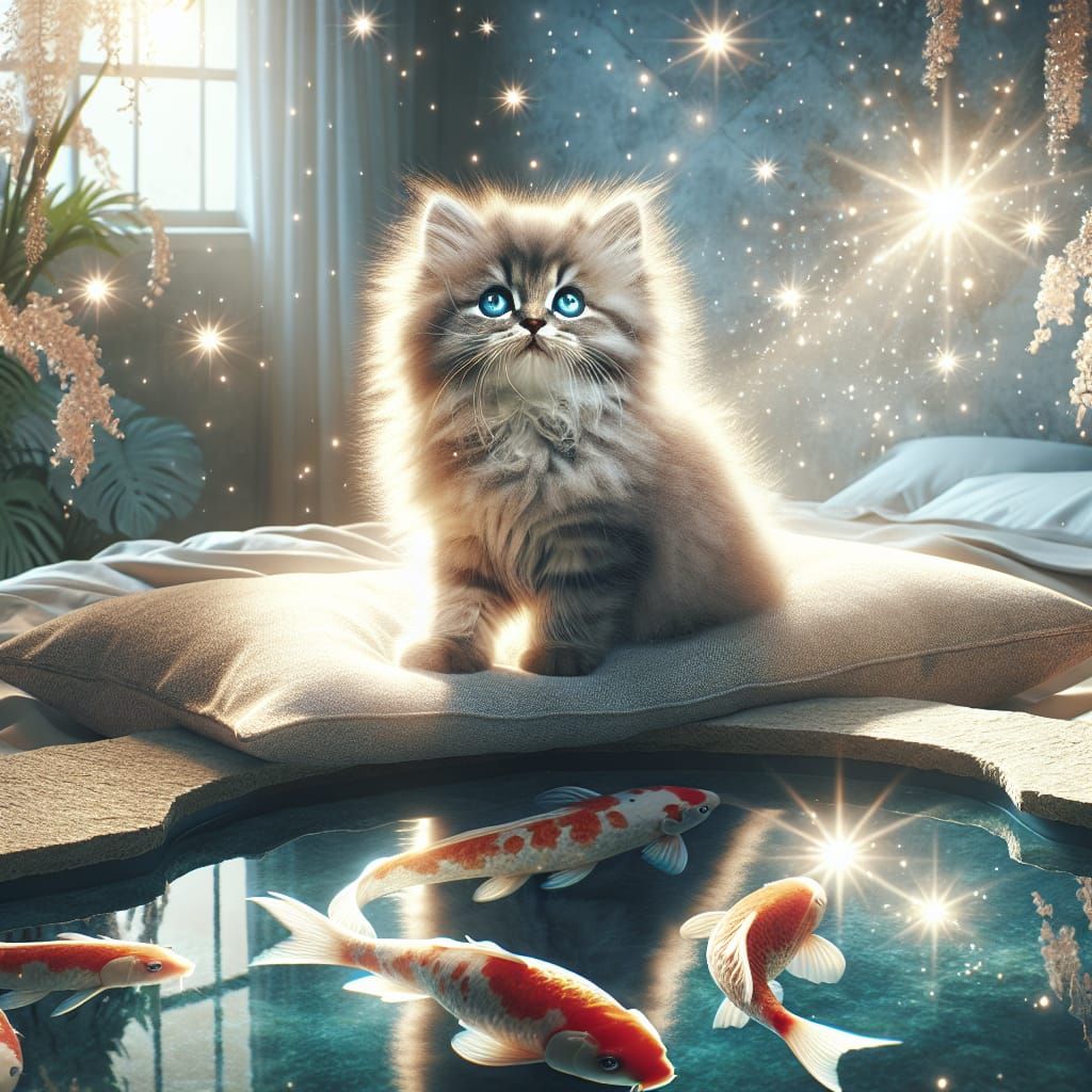 Kitten Gazing at Koi Pond Under Starlight