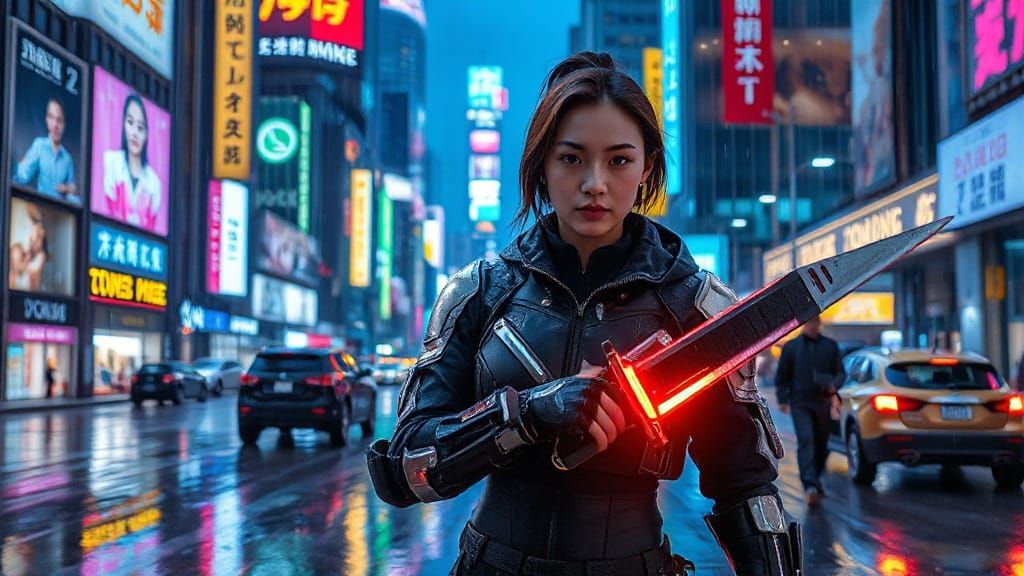 Cyberpunk Cityscape with Cybernetic Warrior in Neon Rain