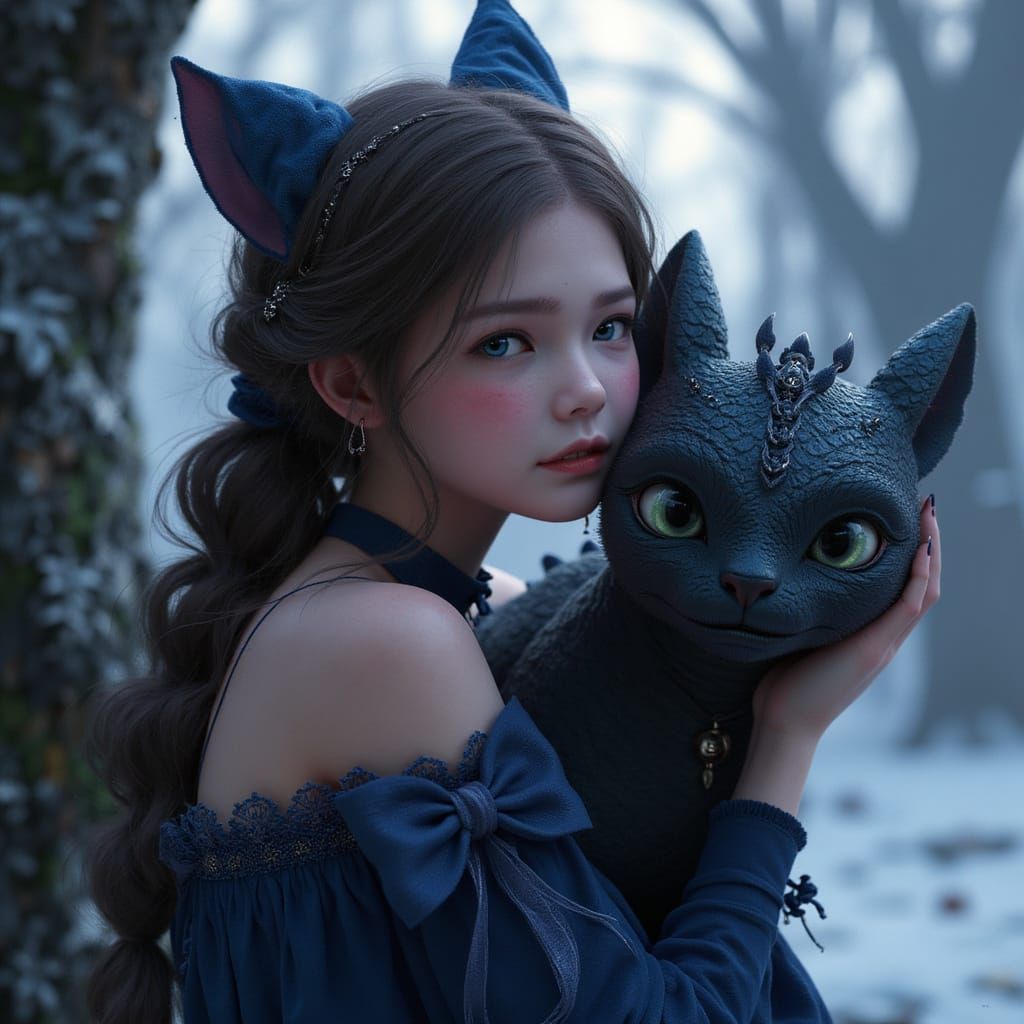 Catgirl and Dragon with Bow in Night Sky Dress