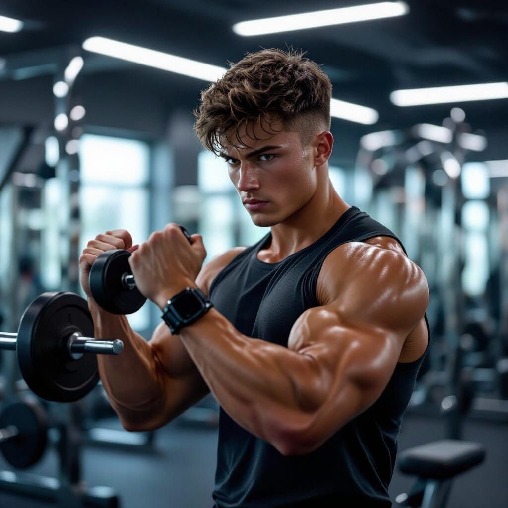 Young Man's Intense Bicep Workout in Modern Gym
