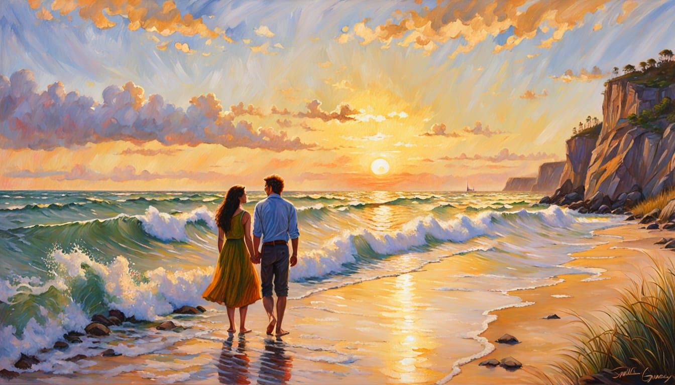 Dreamy Sunset Romance on the Beach in Impressionist Style