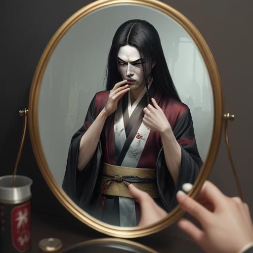 Sinister Man in Hanfu Gazing in Mirror