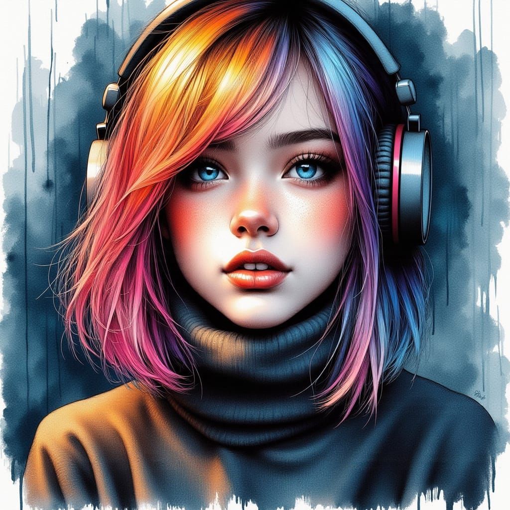 Moody Ink Wash Portrait of a Vibrant Young Woman