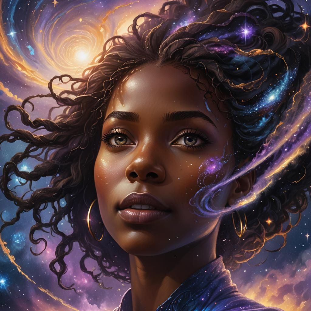 Black Girl Peers Through Space Vortex in Fantasy Art