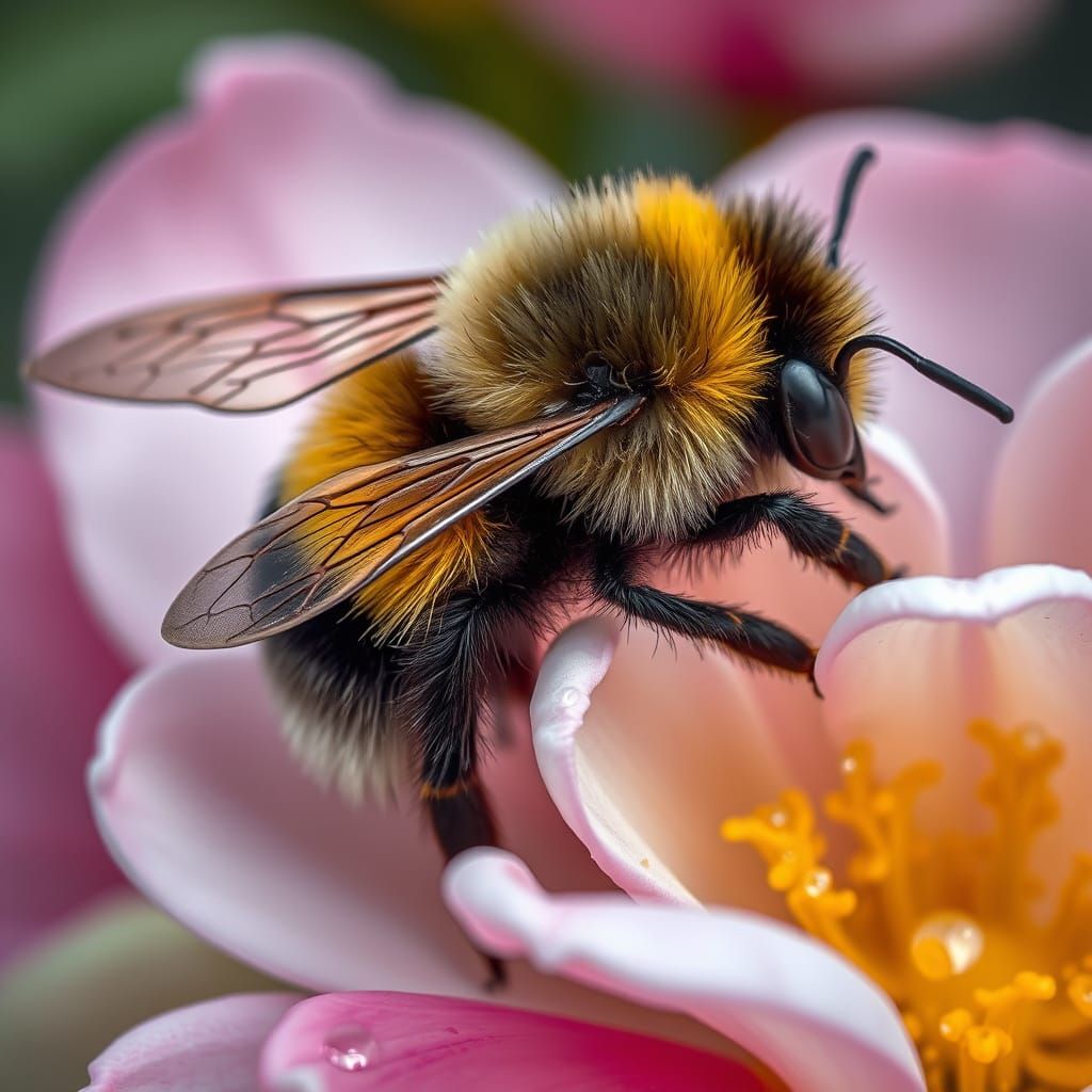 Bumblebee Resting Among Dewy Petals
