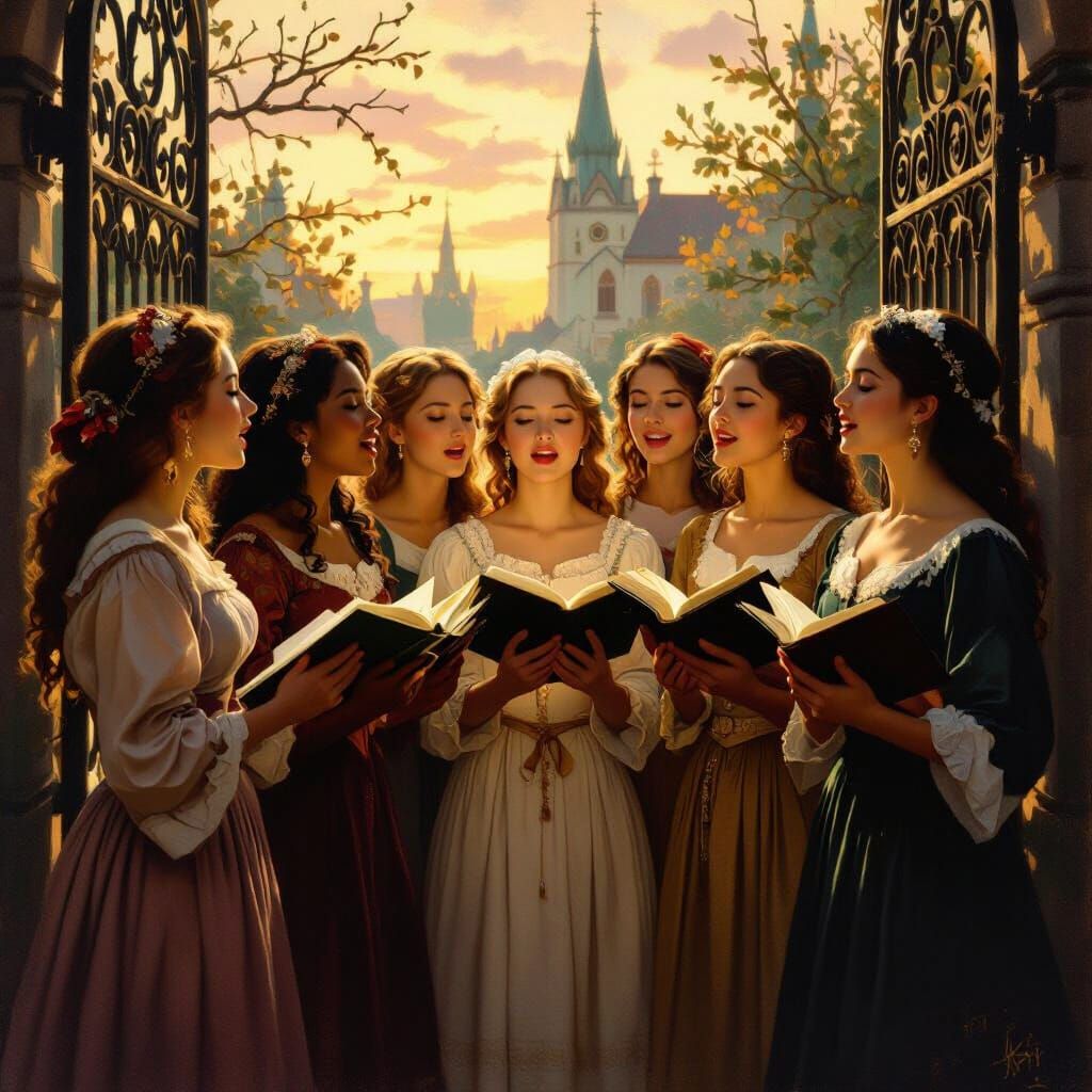 Devout Young Women Singing at Church Gate in Golden Hour