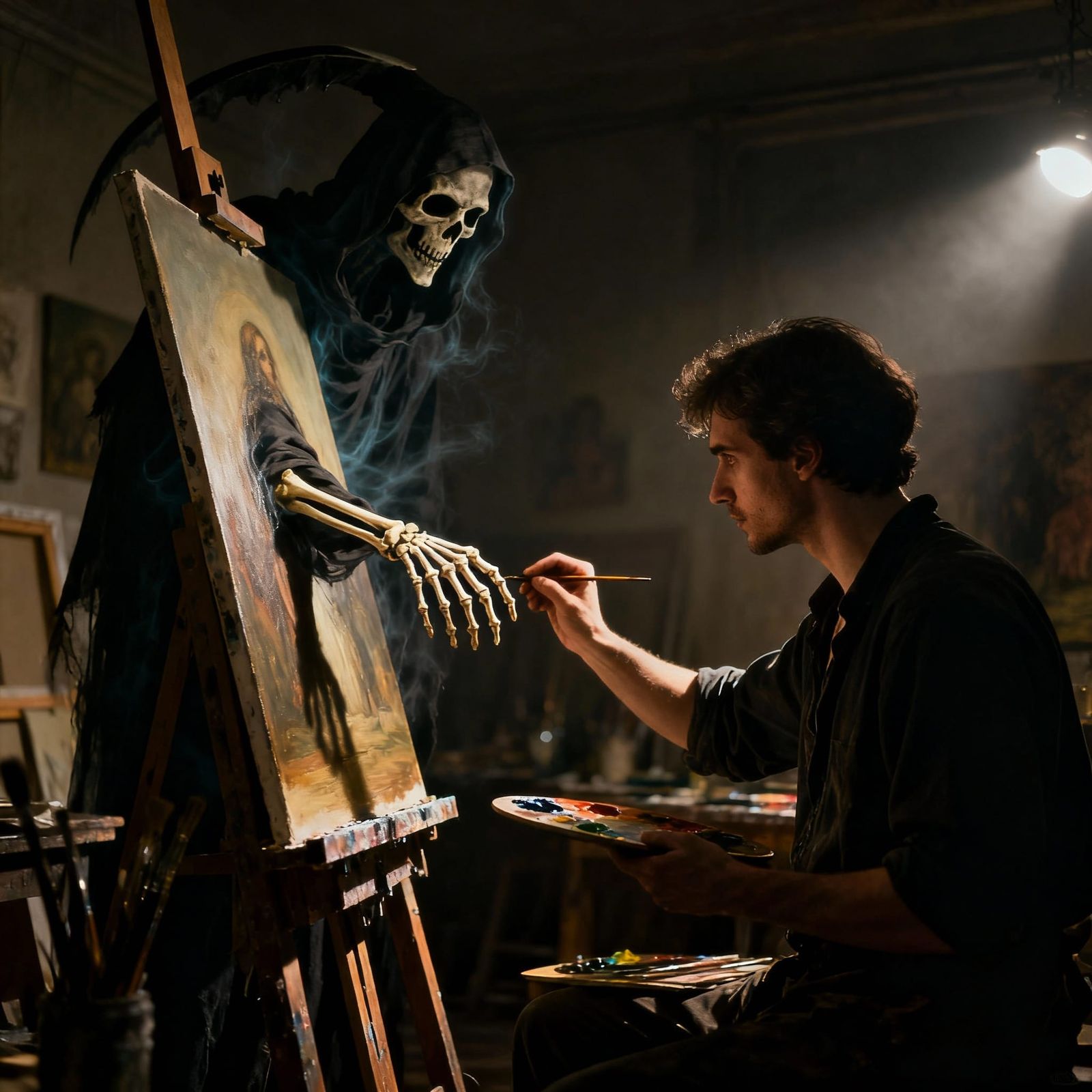 Grim Reaper Emerges From Canvas in Dramatic Art Room Photo