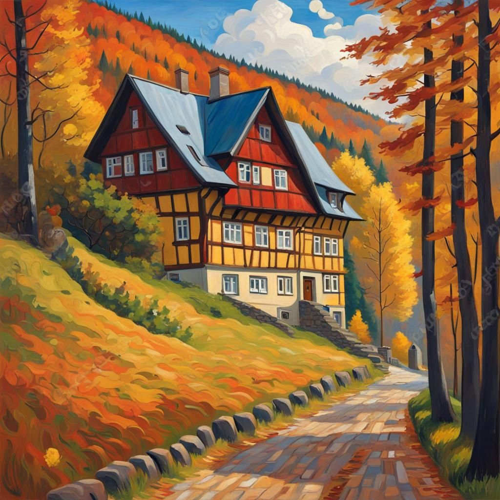 German Village in Autumn, Van Gogh Style Oil Painting