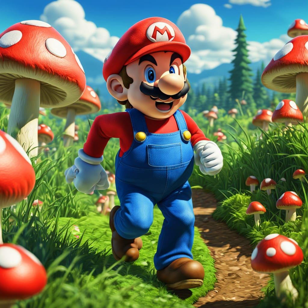 Mario Runs Through Mushroom Kingdom in Digital Art
