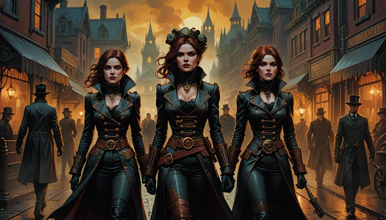 Steampunk Vampire Women in Victorian Town Comic Art