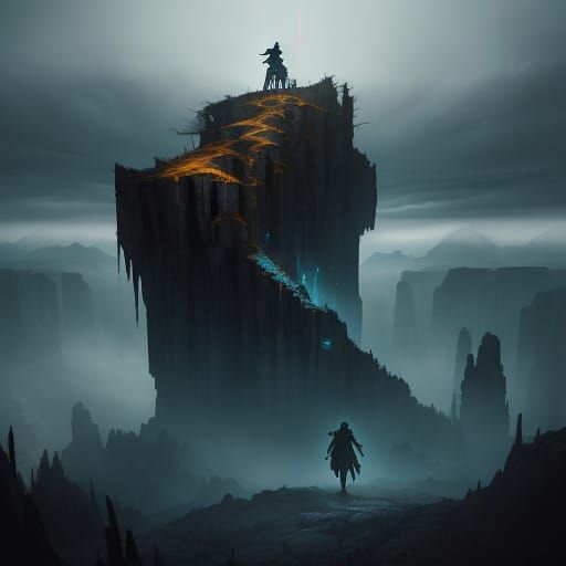 Mystical Warrior Stands at Cliff's Edge, Surrounded by Ancie...